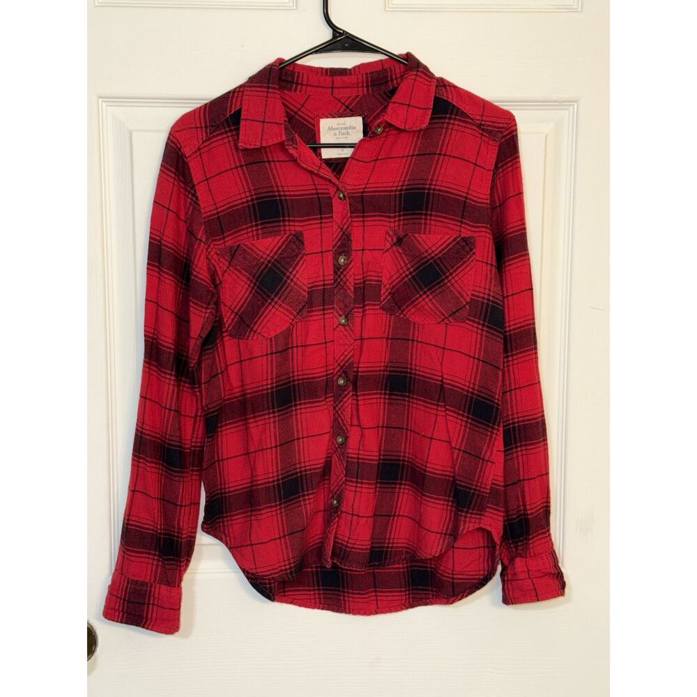 Abercrombie & Fitch Women's Buffalo Plaid Soft Flannel Shirt Medium Red & Black